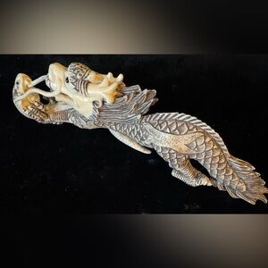 Intricately Carved Bone/Faux Ivory Signed Dragon and Snake Sculpture